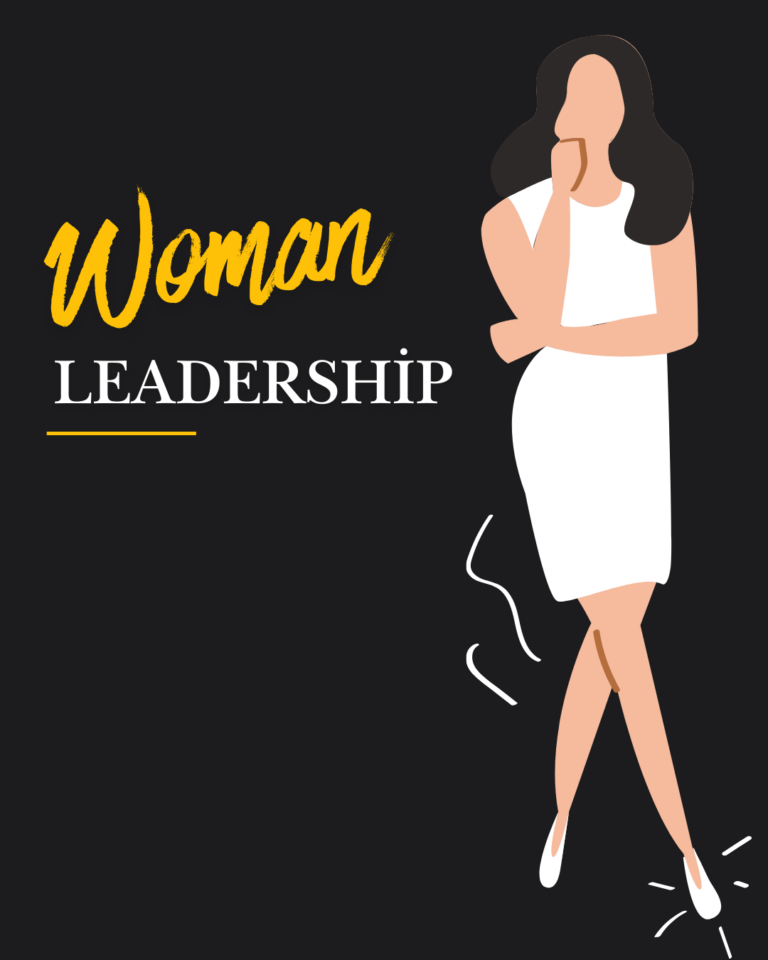 “Woman Leadership” ifadesi ve stilize kadın figürüyle iş dünyasında kadın liderliğini temsil eden illüstrasyon – Zenantis