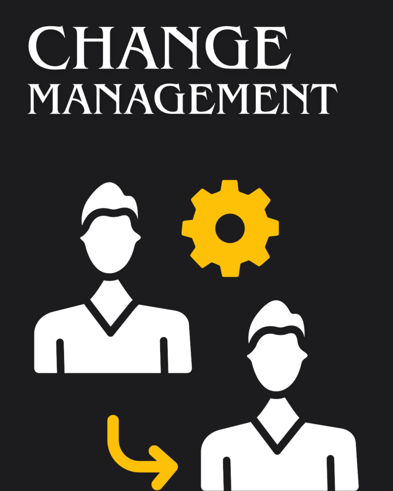 “Change Management” ifadesi, dişli simgesi ve yön değiştiren ok ile paydaşlar arası geçiş ve koordinasyonu temsil eden illüstrasyon – Zenantis