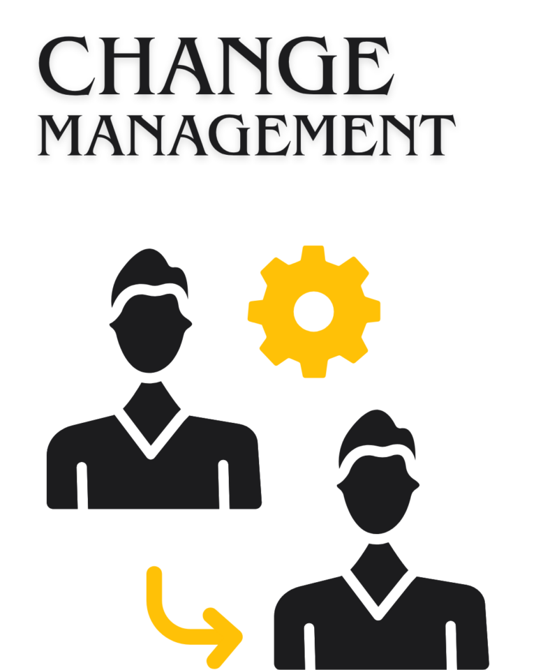 “Change Management” ifadesi, dişli simgesi ve değişim sürecini temsil eden iki figürle organizasyonel dönüşümü anlatan illüstrasyon – Zenantis